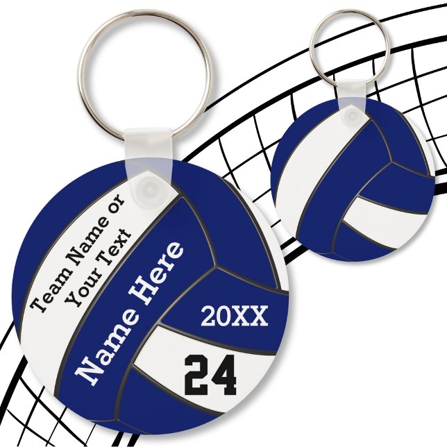 Llavero Claves de voleibol blanco y azul personalizadas (Volleyball Bag Tags. Volleyball team gifts cheap. Navy Blue, White and Black, Volleyball Giveaways.)