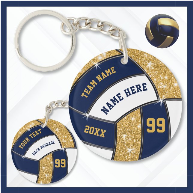 Llavero Claves de voleibol personalizadas, 6 cajas de text (Volleyball Team Gift Ideas for Girls Volleyball Team. Navy Blue, Gold and White, Volleyball Keychain)