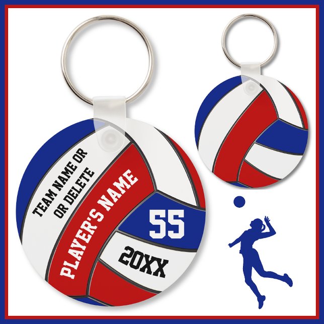 Llavero Claves de voleibol rojo blanco y azul, tu texto (Cheap volleyball souvenirs. Red, White and Blue, Volleyball Team Gift Ideas. Volleyball Keychains.)