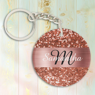 Llavero Cobre Brillante Rosa Glitter Monograma de Lámina d