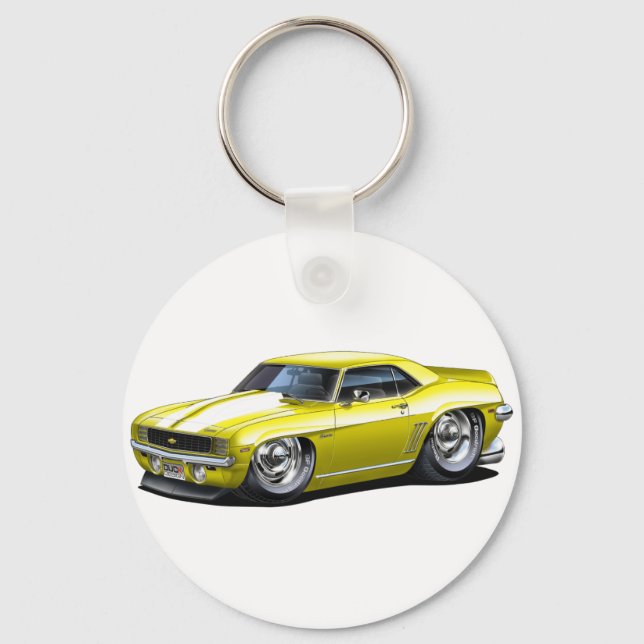 Llavero Coche Camaro amarillo-blanco de 1969 (Anverso)