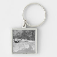 Coche capsulado nieve en la calle B&W