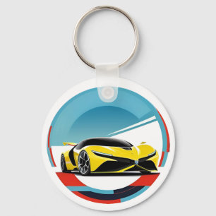 Llavero Coche deportivo amarillo en redondo ilustrativo mo