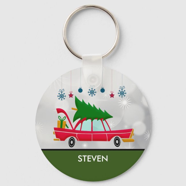 Llavero Coche rojo retro que lleva un árbol de Navidad (Anverso)