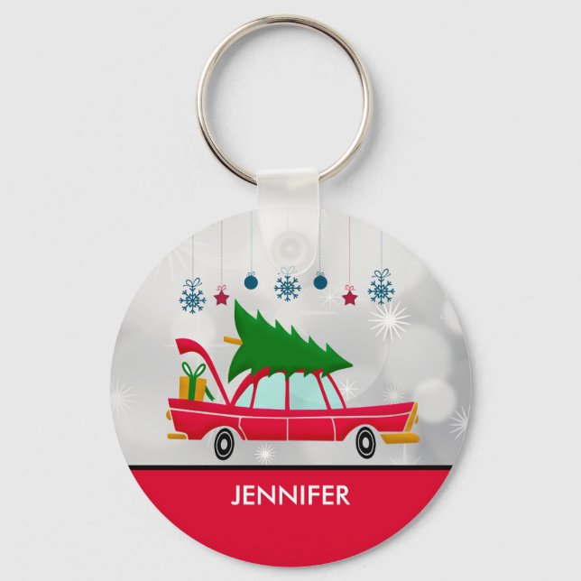 Llavero Coche rojo retro que lleva un árbol de Navidad (Anverso)