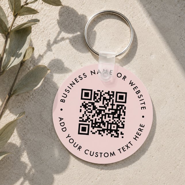 Llavero Código QR | Moderna ronda rosa Rubor Business (Interactive editable QR code keychains to promote your business, products or services.)