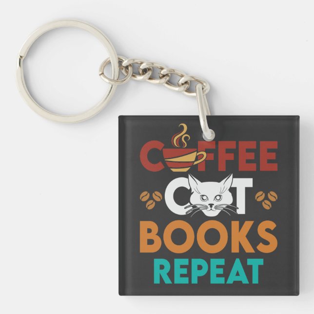 Llavero Coffee Cat Books Repetir, Café leyendo Cat Lover (Frente)