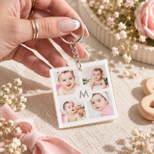 Llavero Colaje de Fotos Personalizado Monograma Blanco 4 I