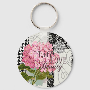 Llavero Colaje de Hortensia Rosa Chic Arte de Damasco Vint