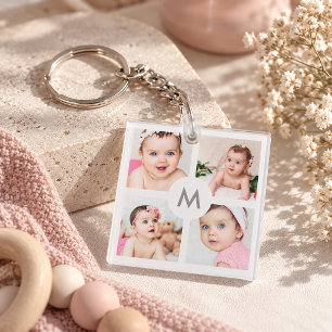 Llavero Colgante Personalizado de 8 Fotos Monograma Blanco