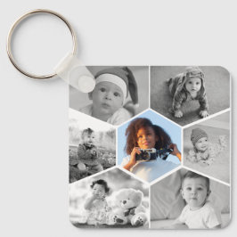 Llavero Collage de fotos de hexágono blanco y negro