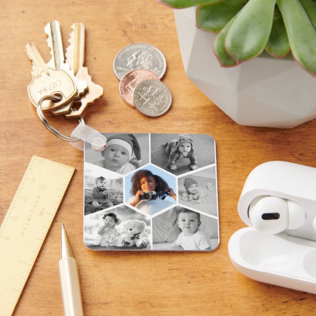 Llavero Collage de fotos de hexágono blanco y negro (Escritorio )