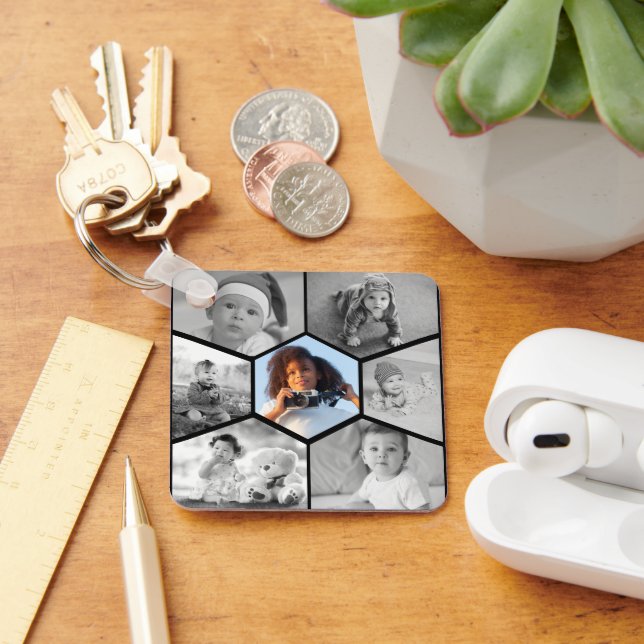 Llavero Collage de fotos de hexágono blanco y negro (Escritorio )