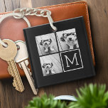 Llavero Collage de fotos negro y blanco de moda con monogr<br><div class="desc">Utiliza 3 fotos cuadradas para crear un regalo único y personal. O puedes mantener al cachorro hipster y hacer un keepsake de moda. Si necesita ajustar las imágenes,  haga clic en la herramienta personalizar para realizar cambios.</div>