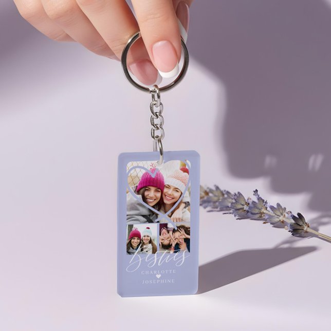 Llavero Collage fotográfico de Besties Script BFFs Heart 3 (Besties Script BFFs Heart 3 Photo Grid Collage Keychain)