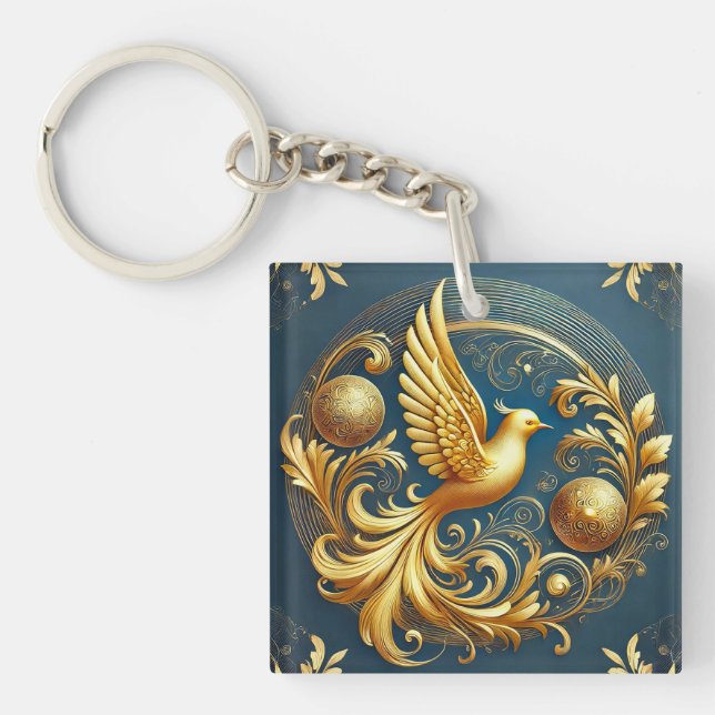 Llavero Collar de Emblema de Pájaro Ornamental Dorado (Frente)