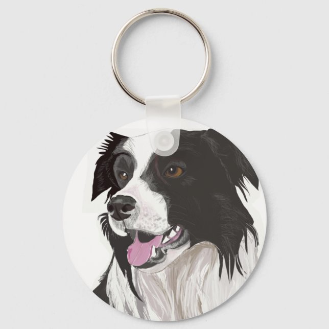 Llavero Collie Blanco y Negro con Ojos Marrones (Anverso)