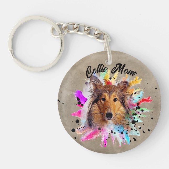 Llavero Collie Mom acuarela splash photo Keychain (Frente)