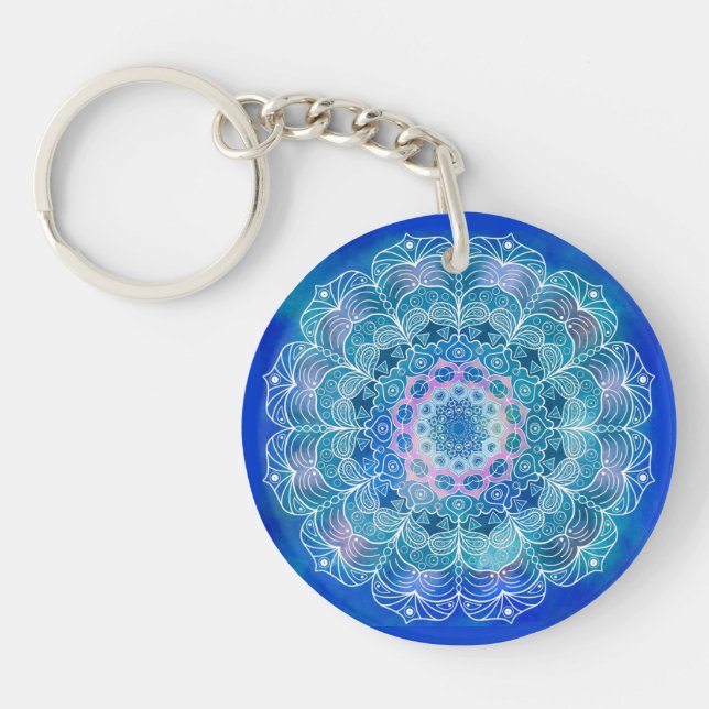 Llavero Color azul de contorno blanco de Mandala - (Frente)