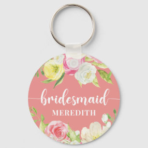 Llavero Color de agua rosada Floral Bridesmaid Nombre Keyc