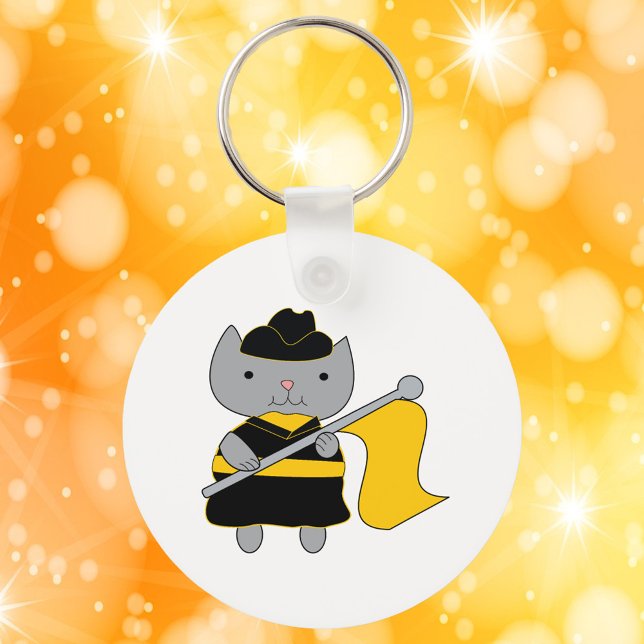 Llavero Color Guard Kawaii Cat Black Yellow (A keychain featuring a cute gray cat in a black & yellow color guard uniform.)