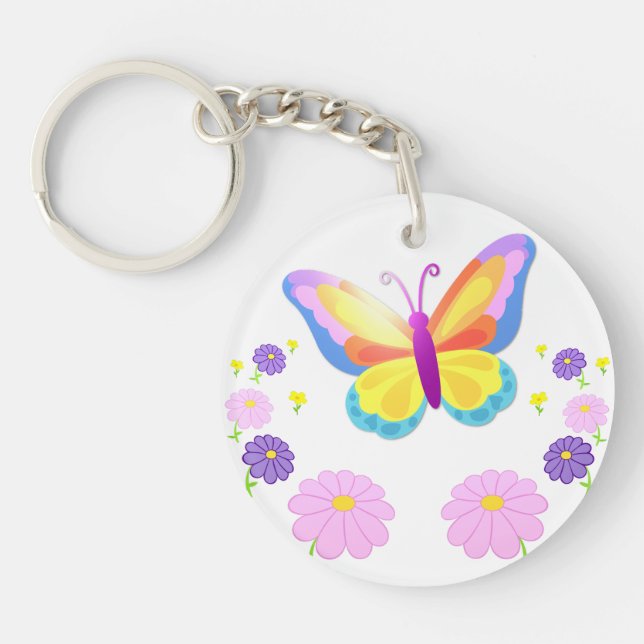Llavero Colorful Butterfly and Flowers Round Keychain (Frente)
