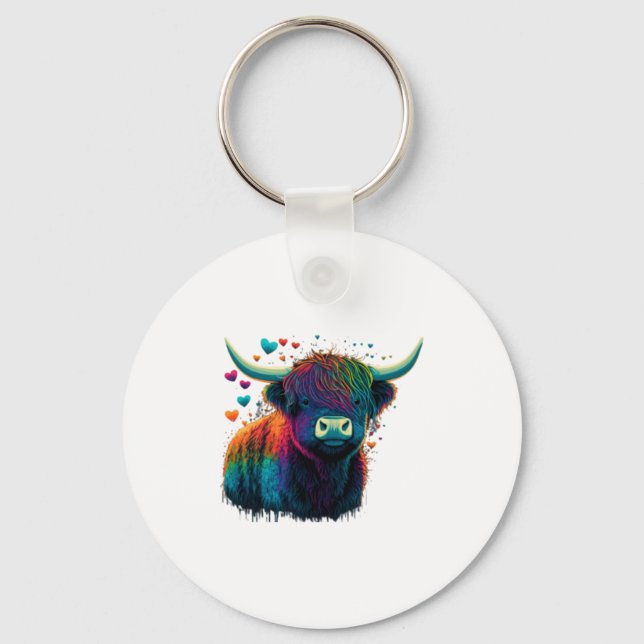 Llavero Colorful Highland Cow Valentines Day Farm Cow  (Anverso)