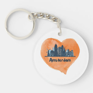 Llavero Colorido Amsterdam City Skyline Watercolor Heart P