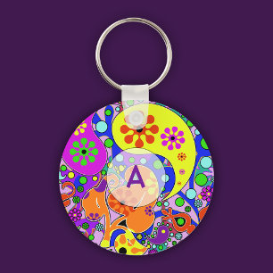 Llavero Colorido Retro Floral Paisley Purple Inicial