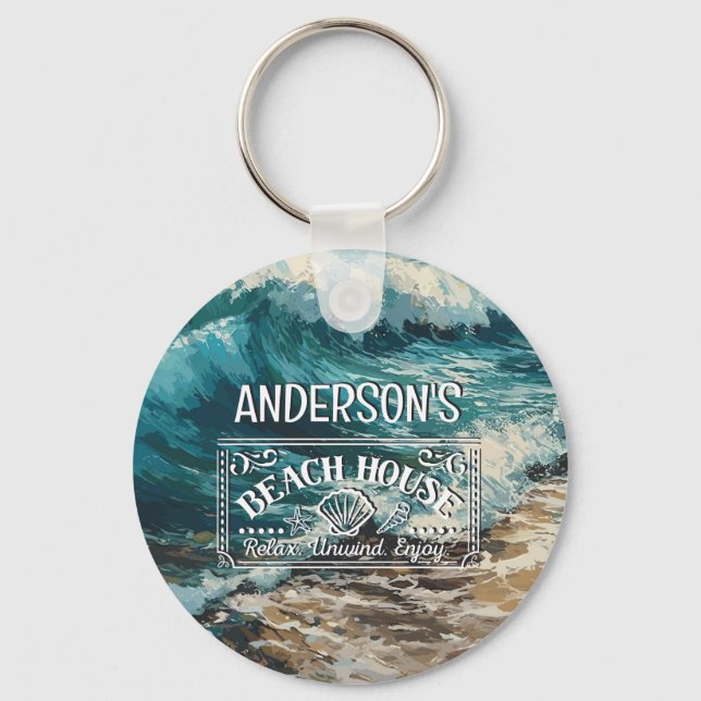 Llavero Comienza tu aventura con olas de playa y arena (Anverso)