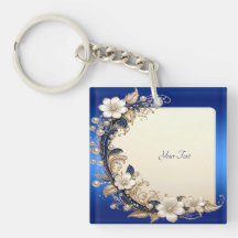 Llavero con Adorno Floral Blanco Azul