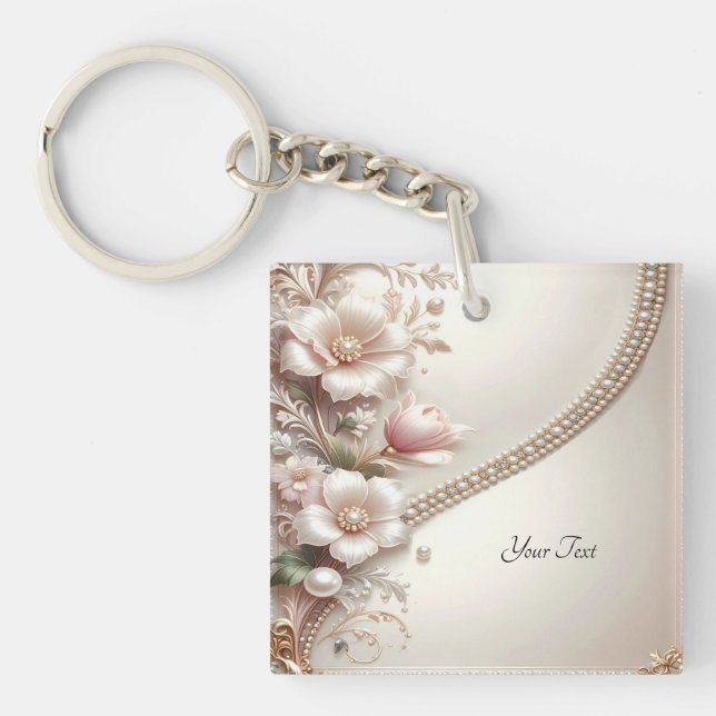 Llavero con Adornos Florales y Perlas (Frente)