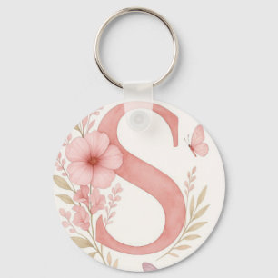 Llavero con monograma de letra S floral rosa elega