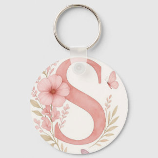 Llavero con monograma de letra S floral rosa elega