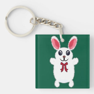 Llavero Conejito Blanco Esponjoso y Adorable con Lazo Rojo