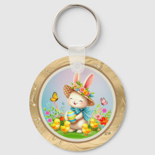 Llavero Conejito de Pascua adorable y flores felices de pr