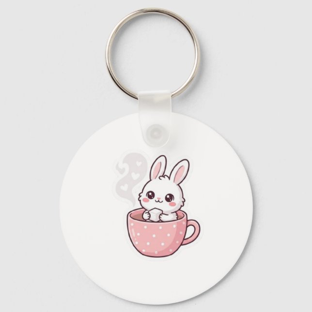 Llavero :  Conejito Kawaii en Botón de Taza de Té. (Anverso)