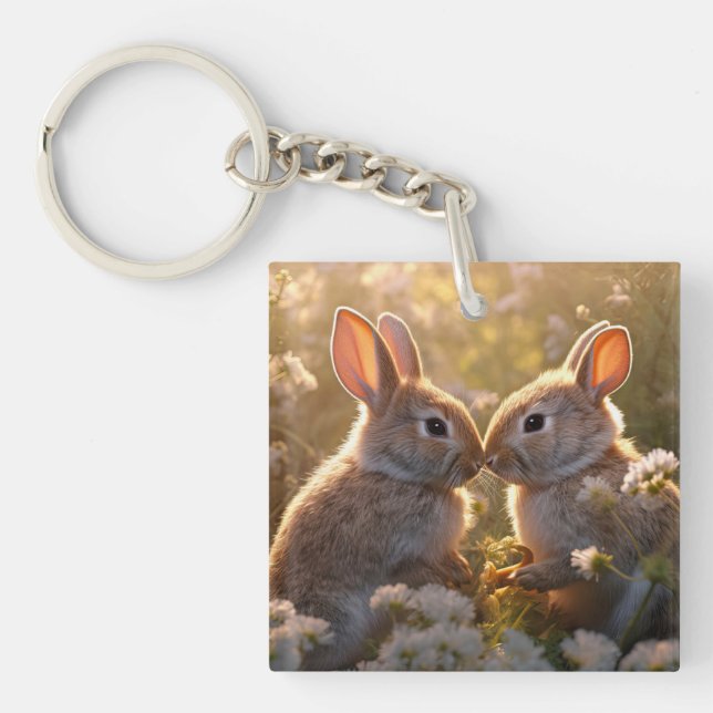 Llavero Conejitos Adorables en Diseño de Prado de Primaver (Frente)