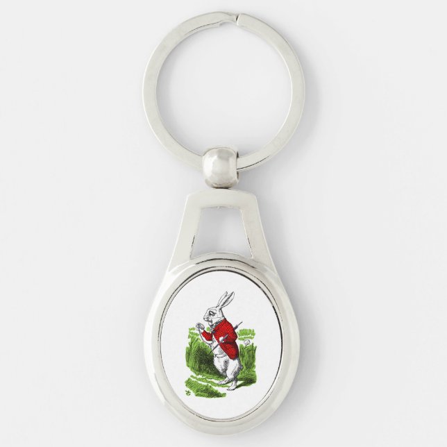 Llavero Conejo Blanco mirando el reloj. Ilustración (Anverso)
