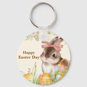 Llavero Conejo floral de Pascua feliz día de acuarela con