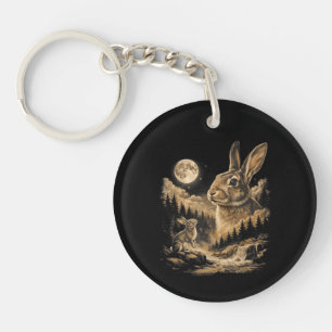 Llavero Conejo Vintage Aullando a la Luna Arte Nocturno de