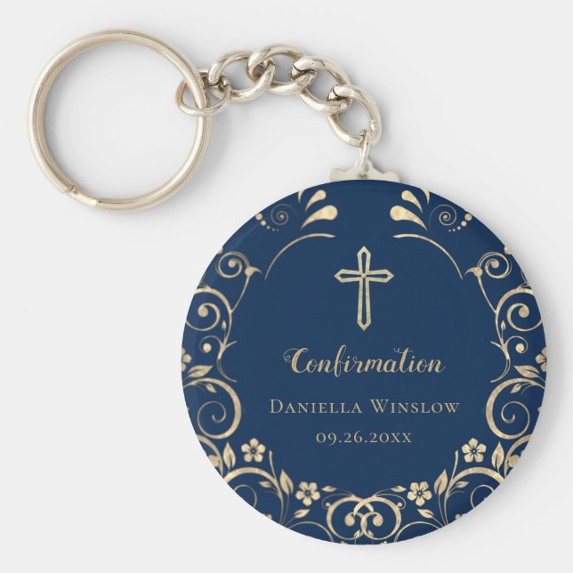 Llavero Confirmación personalizada de Blue Gold Cross (Frente)