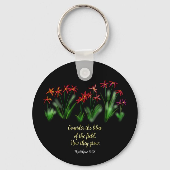 Llavero "Consideren las mentiras del campo" Mateo 6:28 (Anverso)