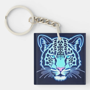 Llavero Contorno de cabeza de jaguar neón sobre fondo oscu