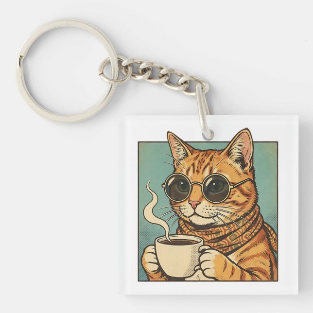 Llavero Cool Cat Coffee Retro Style Design for Cat Lovers (Frente)