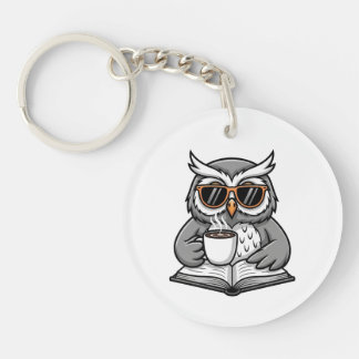 Llavero Cool Owl Reading With Coffee