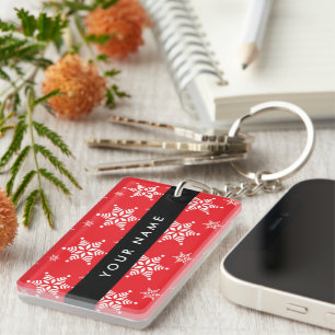 Llavero Copos de nieve blancos, rojo, tu nombre, personali