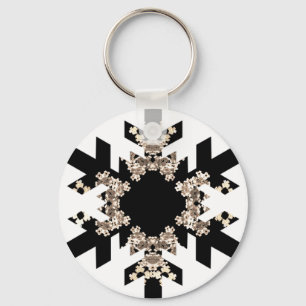 Llavero Copos de nieve de arte fractal blanco y negro