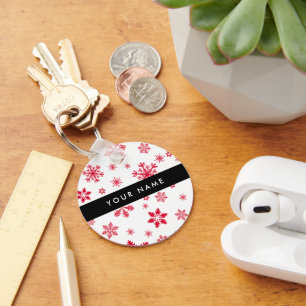 Llavero Copos de nieve rojos, tu nombre, personaliza