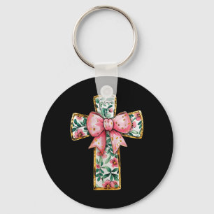 Llavero Coqueta floral de la cruz cristiana dobla religión
